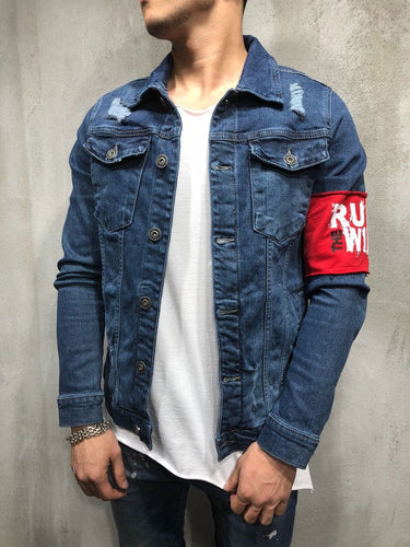 RED ARMBAND STREETWEAR DENIM JACKET 3787