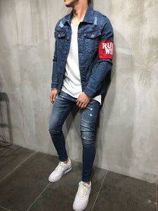 RED ARMBAND STREETWEAR DENIM JACKET 3787