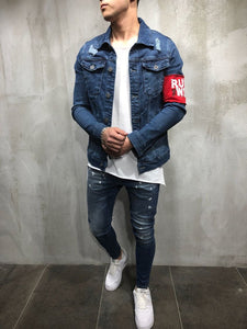 RED ARMBAND STREETWEAR DENIM JACKET 3787