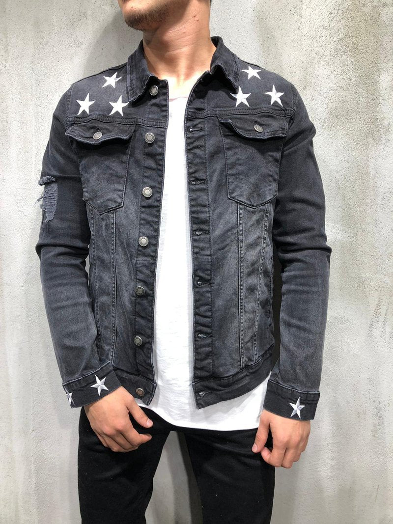 TRUCKER DENIM JACKET RIPPED STAR EMBROIDERY 3988